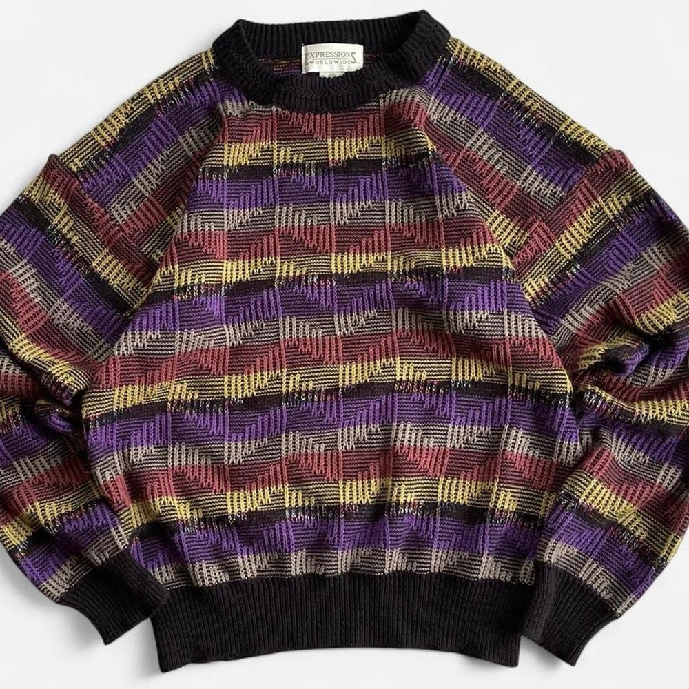 Vintage Geometric Knit Sweater Colorful Grandpa Indie Knit Expressions Worldwide